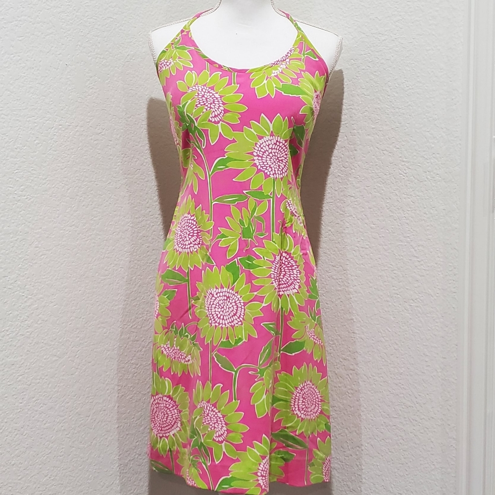 LILLY PULITZER Silk Sunflower Halter Dress Vintage Pink Green Floral Pri…